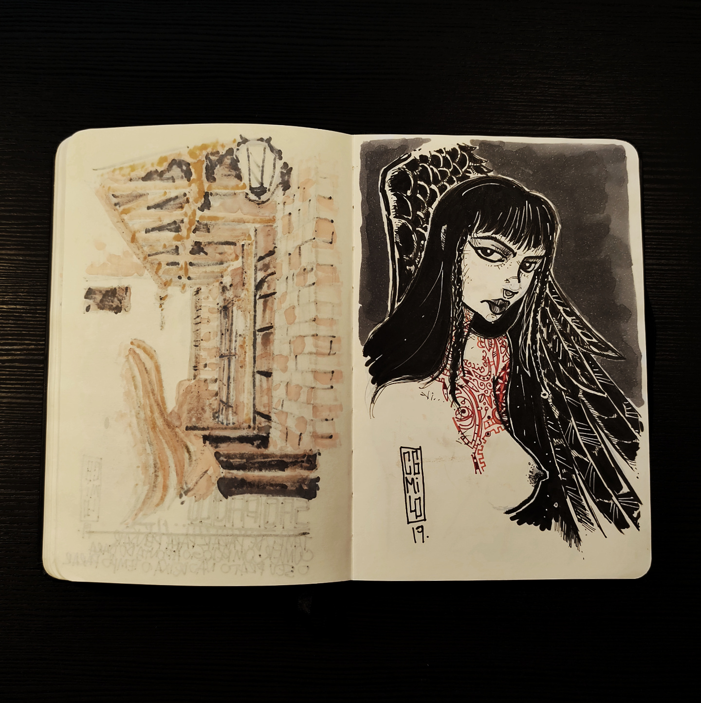vampire angels in ink, a winged woman with blood-red tattoos and a piercing gaze