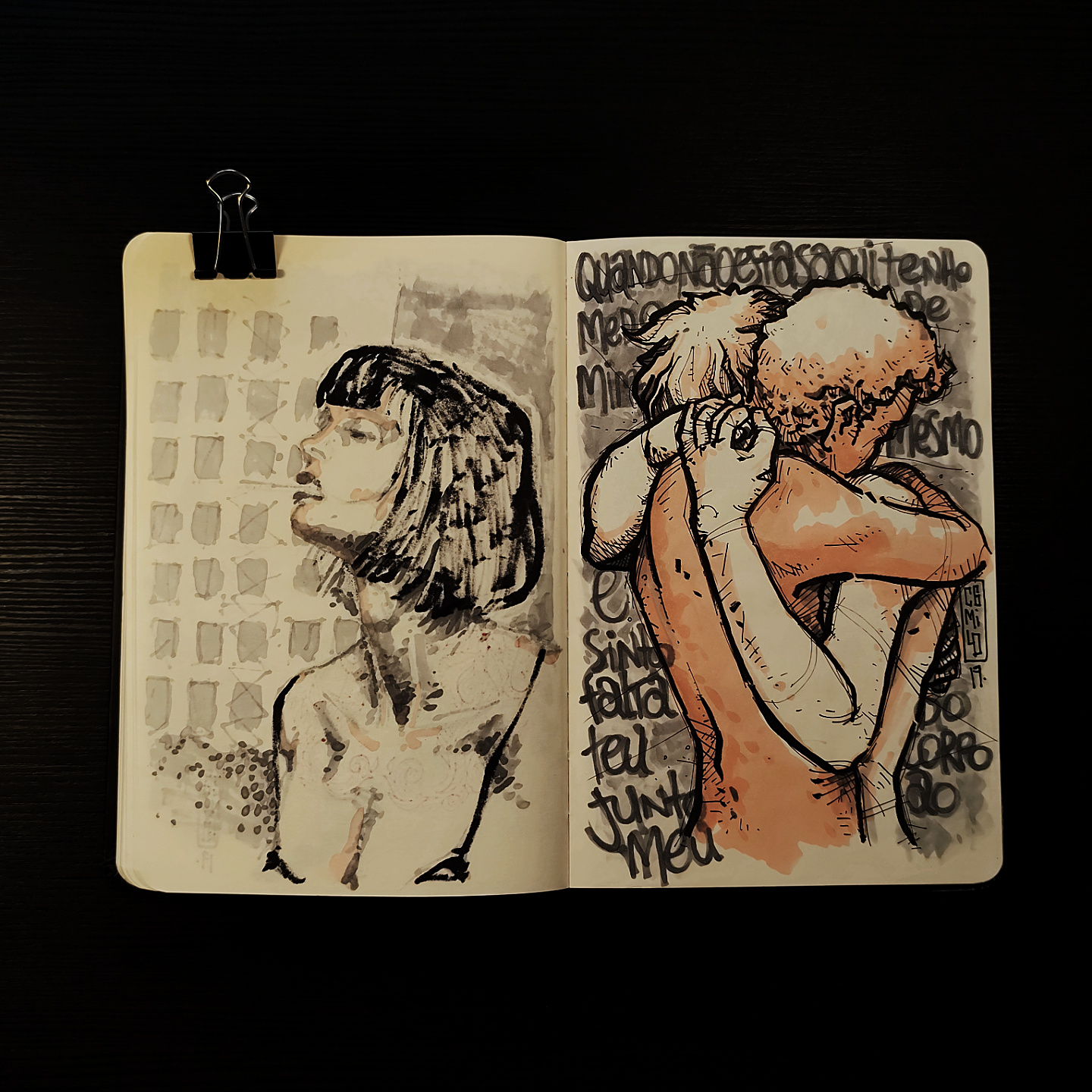 ink illustration of two people locked in a tight hug, for missing a hug