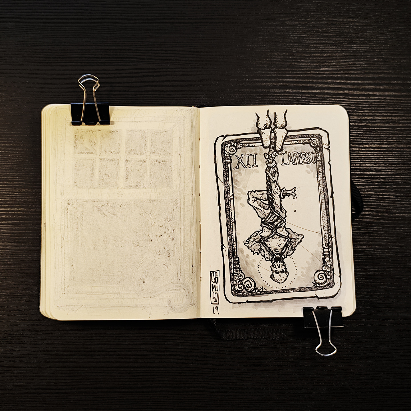 ink illustration of the L'Appeso tarot card, a skeleton hanging upside down