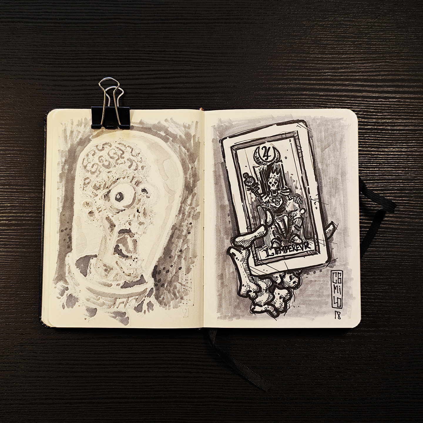ink illustration of the L'Empereur tarot card, a skeleton sitting on a dusty throne
