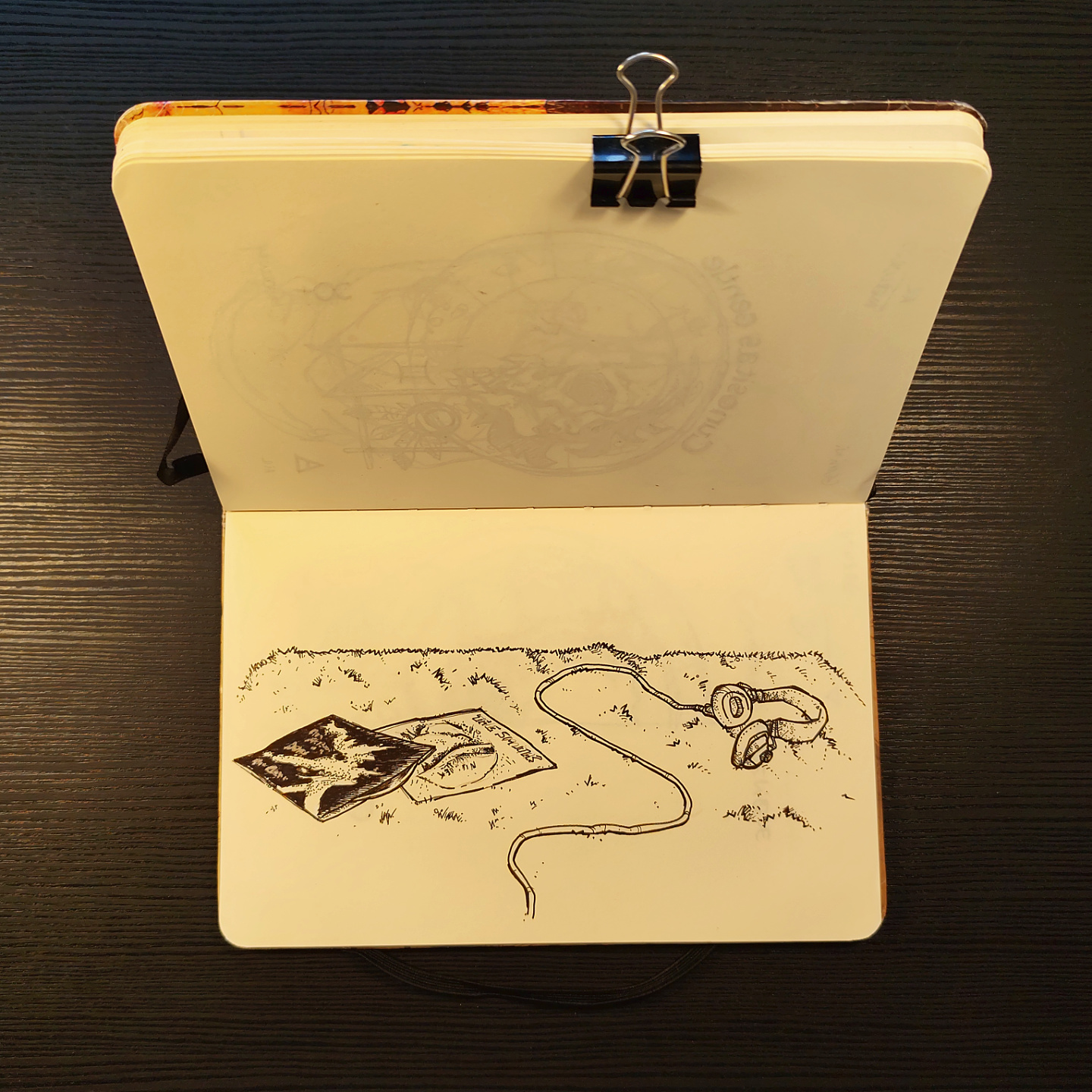 ink illustration of headphones and a few record sleeves on a rug, for the soundtrack of life