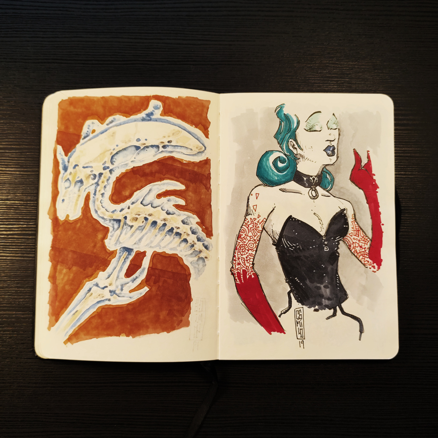 pin-up vampire with cotton candy shaped hair, a black corset, and red tattoos forming a glove