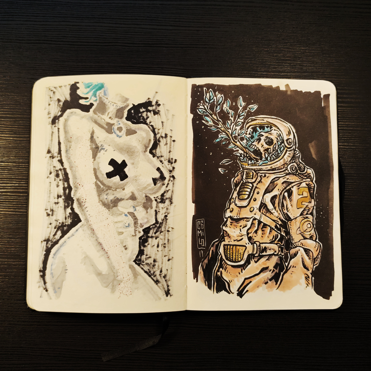 skeleton astronaut with a branch growing inside the helmet, a symbol of extinct humanity
