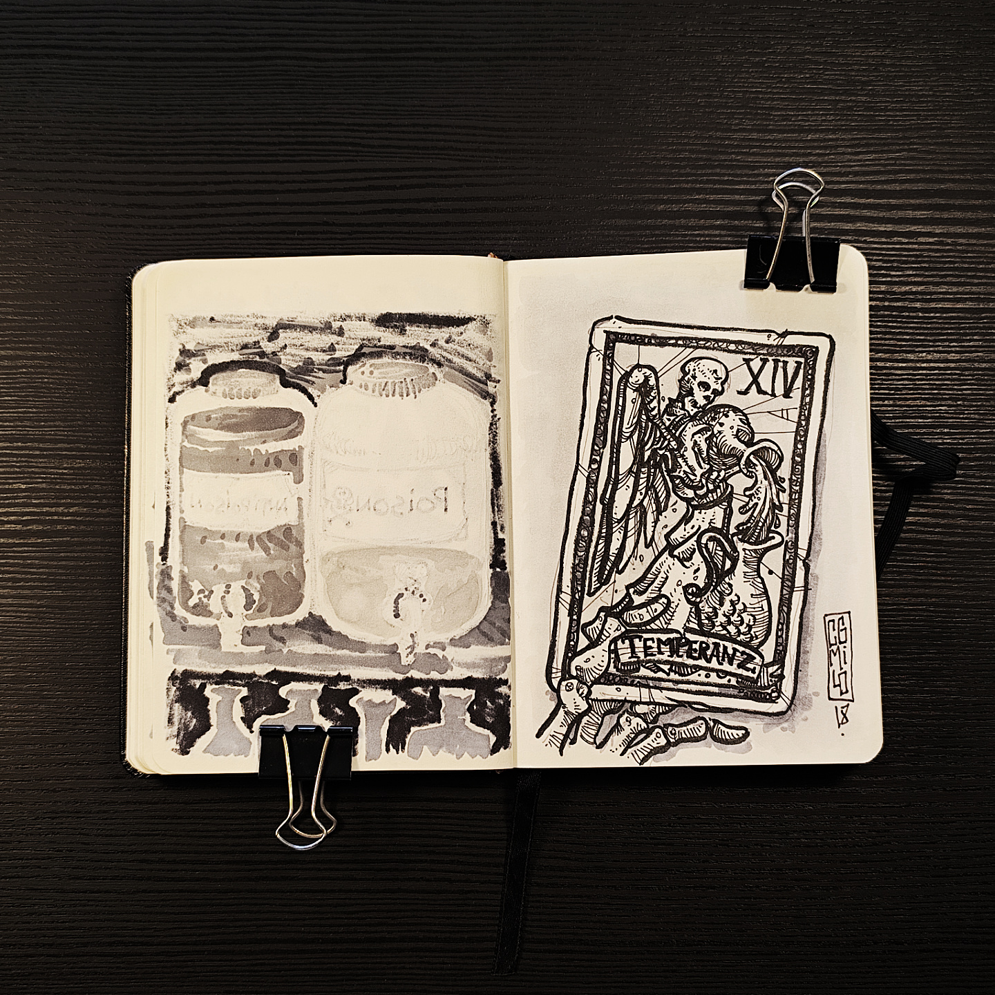 ink illustration of the Temperanz tarot card, number XIV, a winged figure pouring liquid between two vases