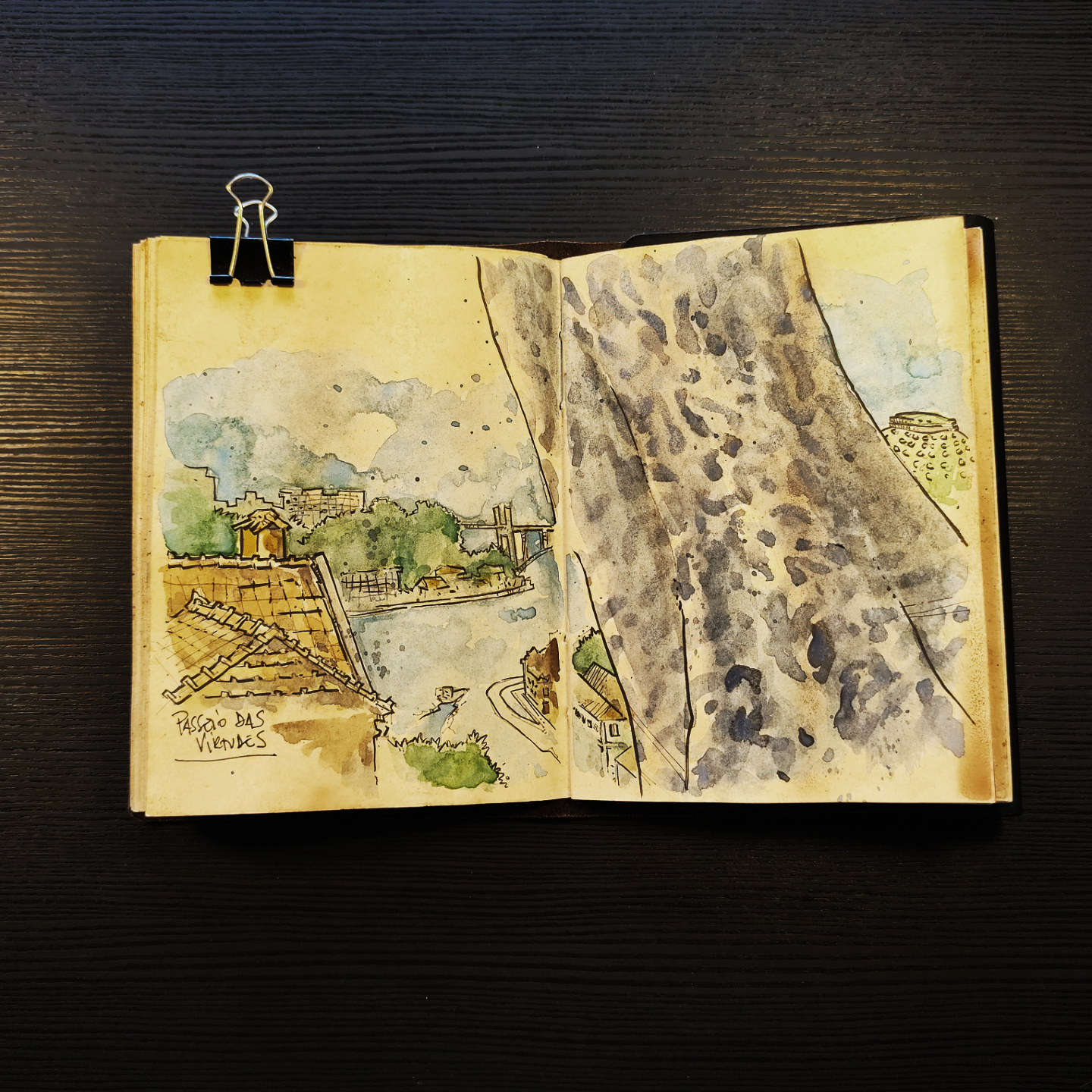 watercolor of Passeio das Virtudes, a table on the cobblestones overlooking the Douro river in Porto