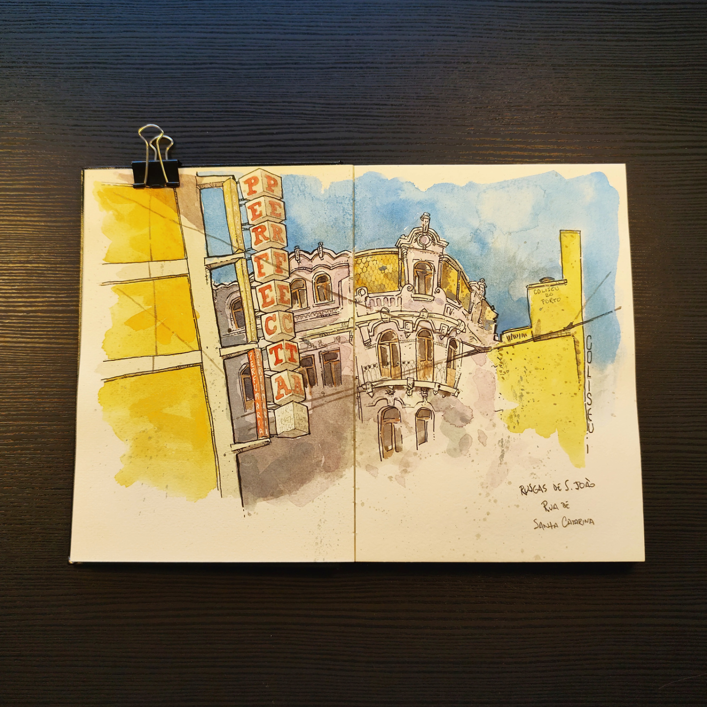 watercolor of the corner of Rua Santa Catarina, with the Perfecta sign, in Porto
