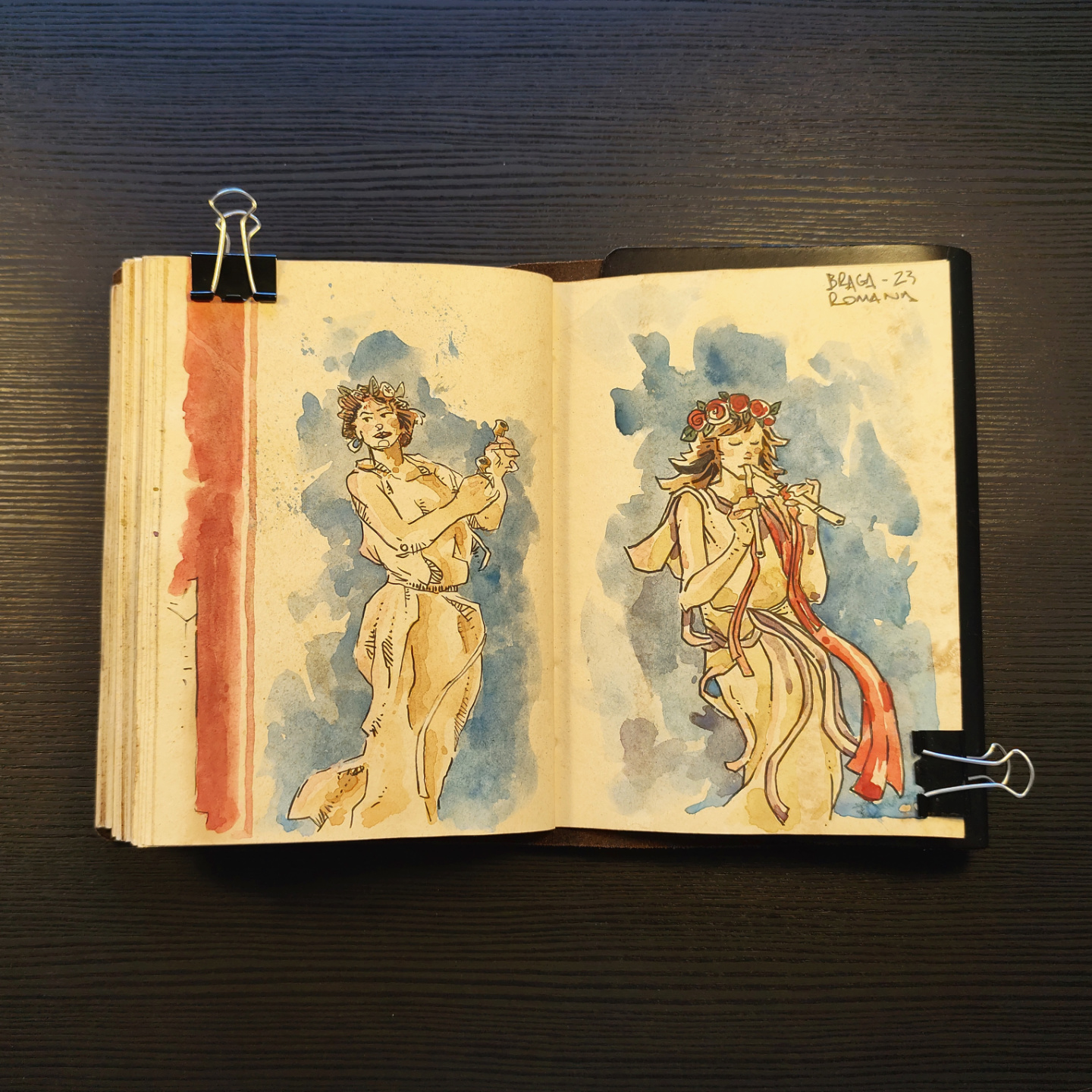 watercolor of Roman dancers at the Bracara Augusta festival, in Braga