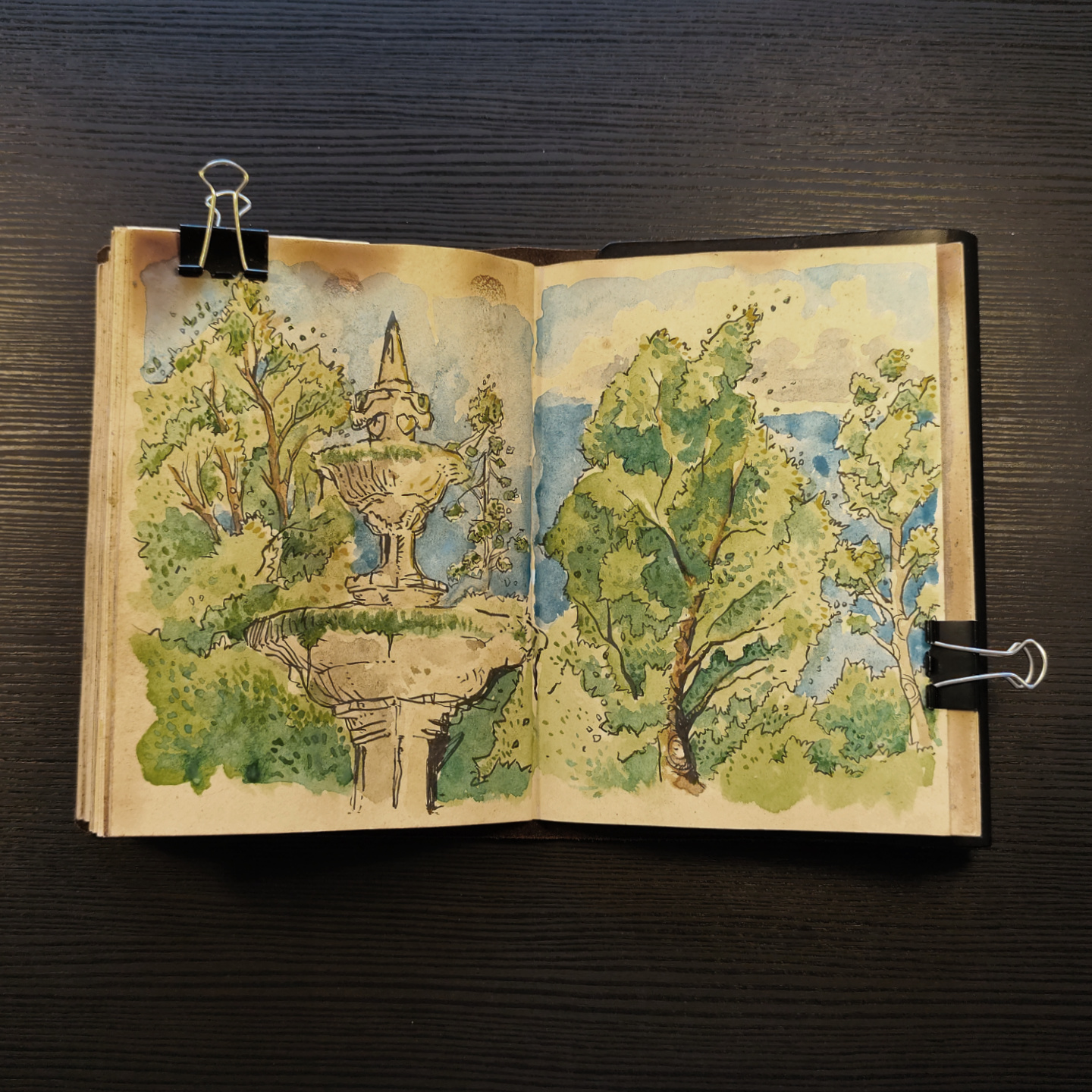 watercolor of the fountain at the Coimbra Botanical Garden, in the late afternoon