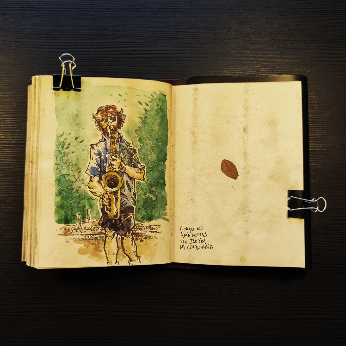watercolor of a street musician playing sax at Cordoaria, Porto