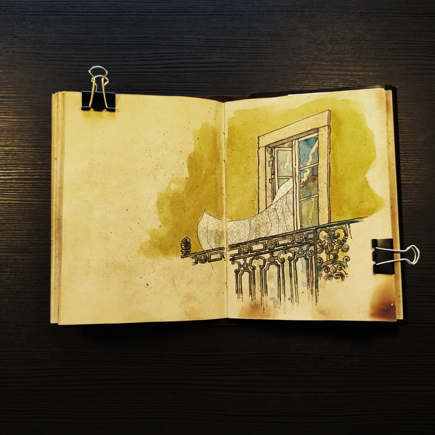 drawing of a balcony with open windows at Largo da Graça, in Lisbon