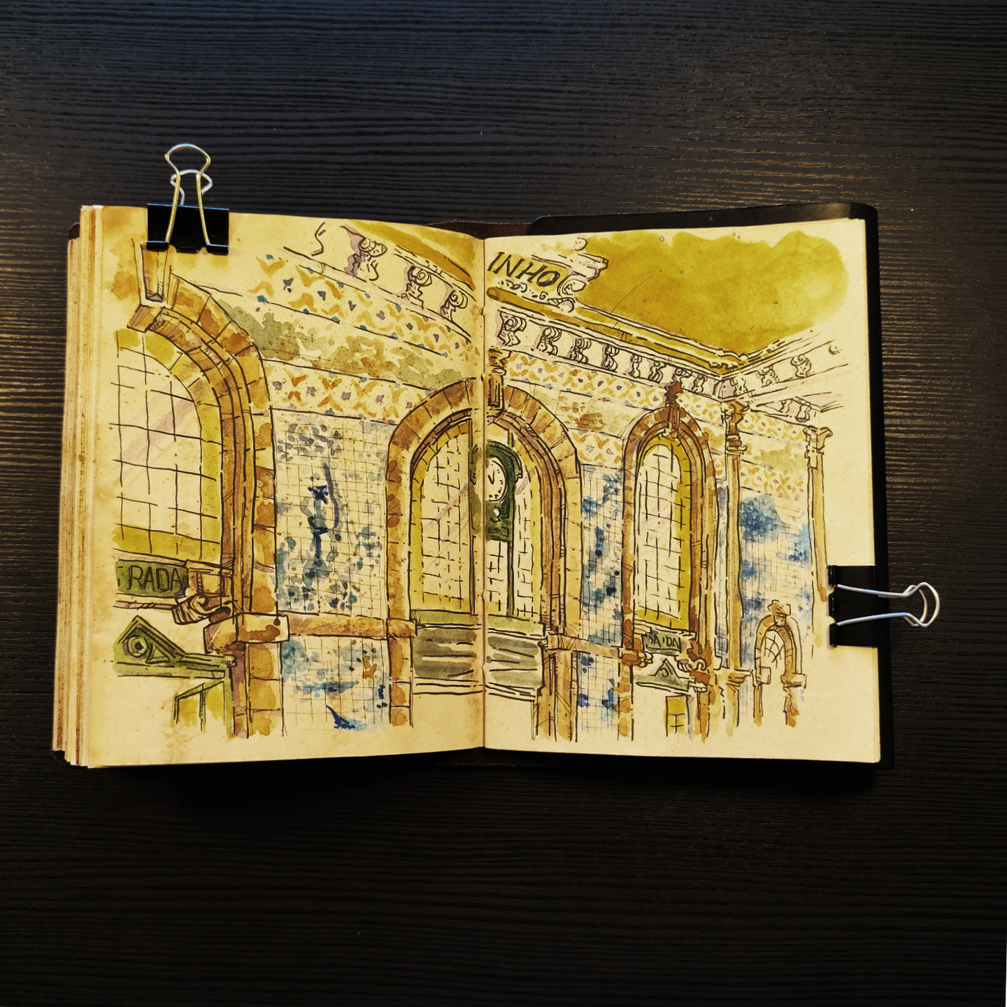 watercolor of the arches and azulejos at São Bento Station, in Porto