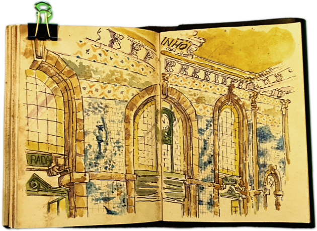 São Bento Station in a Tiled Watercolor of Porto