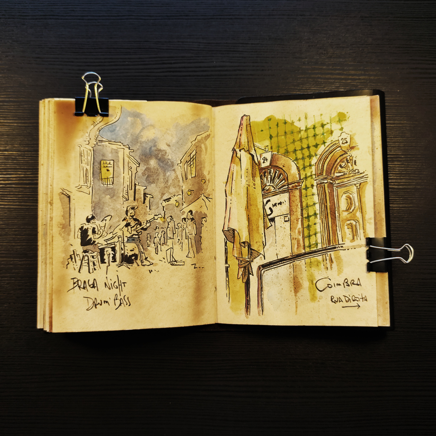 drawings of a night of music in Braga and a breakfast on Rua Direita, in Coimbra