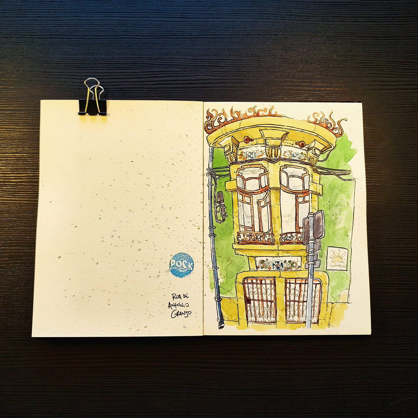 colorful illustration of a facade with a rounded balcony on Rua António Granjo, Porto