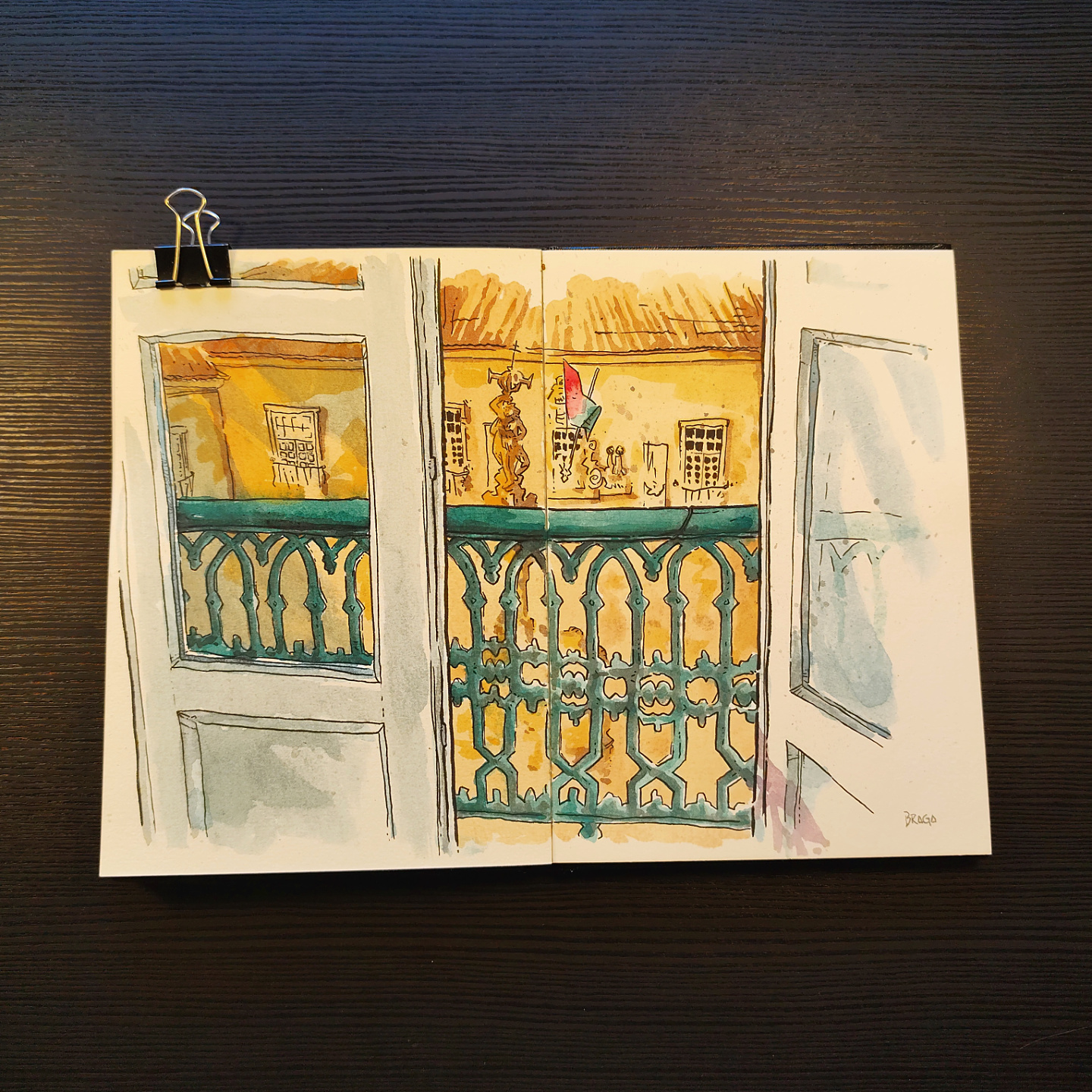 watercolor of Largo do Paço seen from a balcony, with ornate details and morning light, in Braga