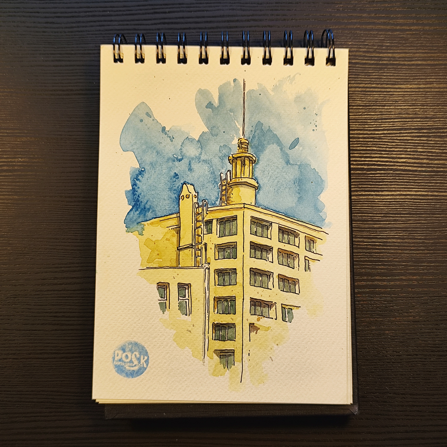 Watercolor of the Cine-Teatro Vale Formoso, tower and old flagpole