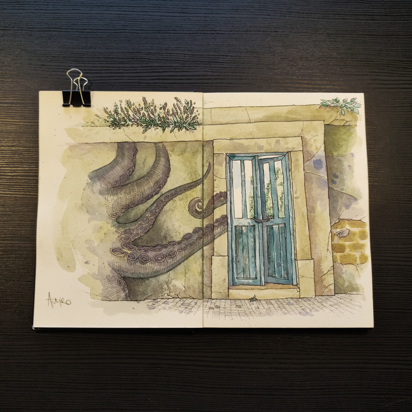 watercolor of an abandoned door in Aveiro, with octopus tentacles clinging to the old wall