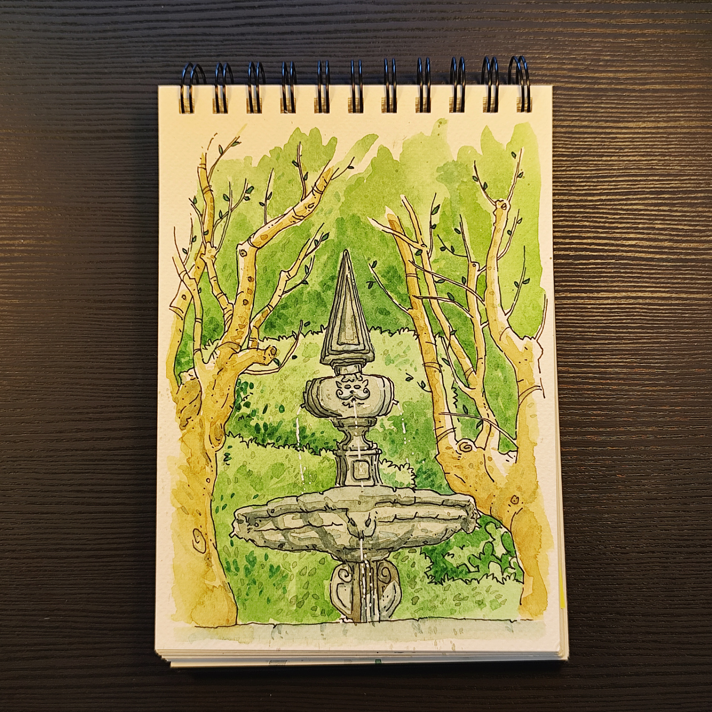 Watercolor of the Palácio de Cristal Fountain, framed by trees in the Porto gardens