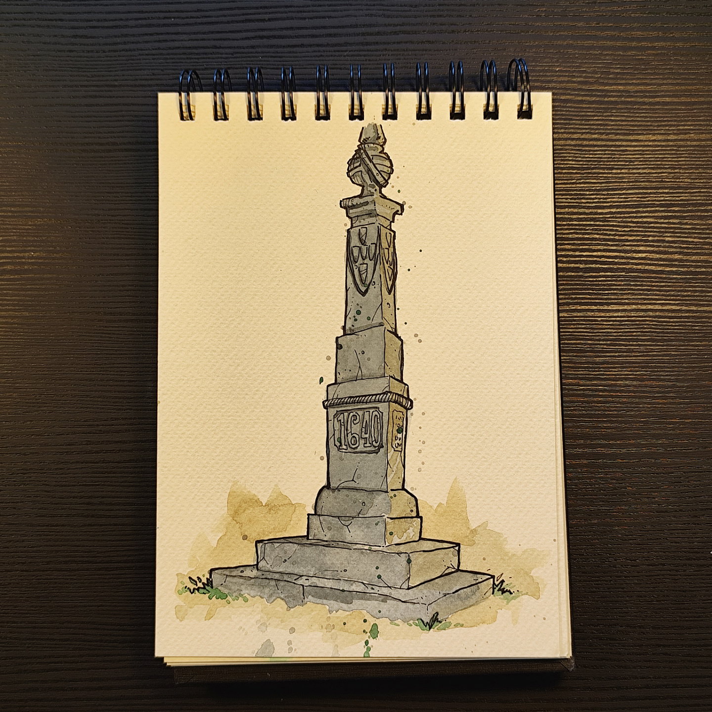 watercolor sketch of the pillory at Jardim das Sete Bicas, with the date 1640 carved into the column