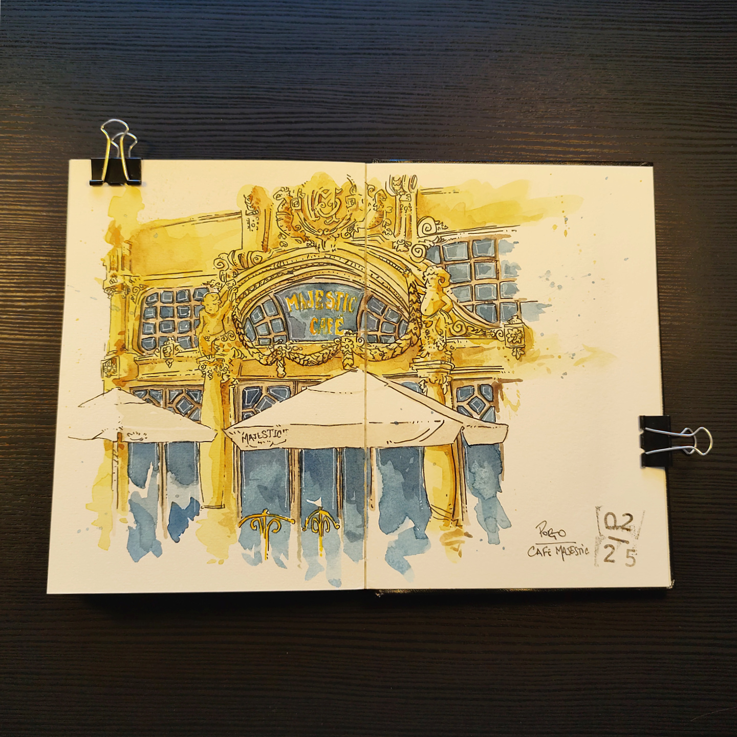 watercolor of the Art Nouveau facade of Café Majestic Porto, on Rua Santa Catarina