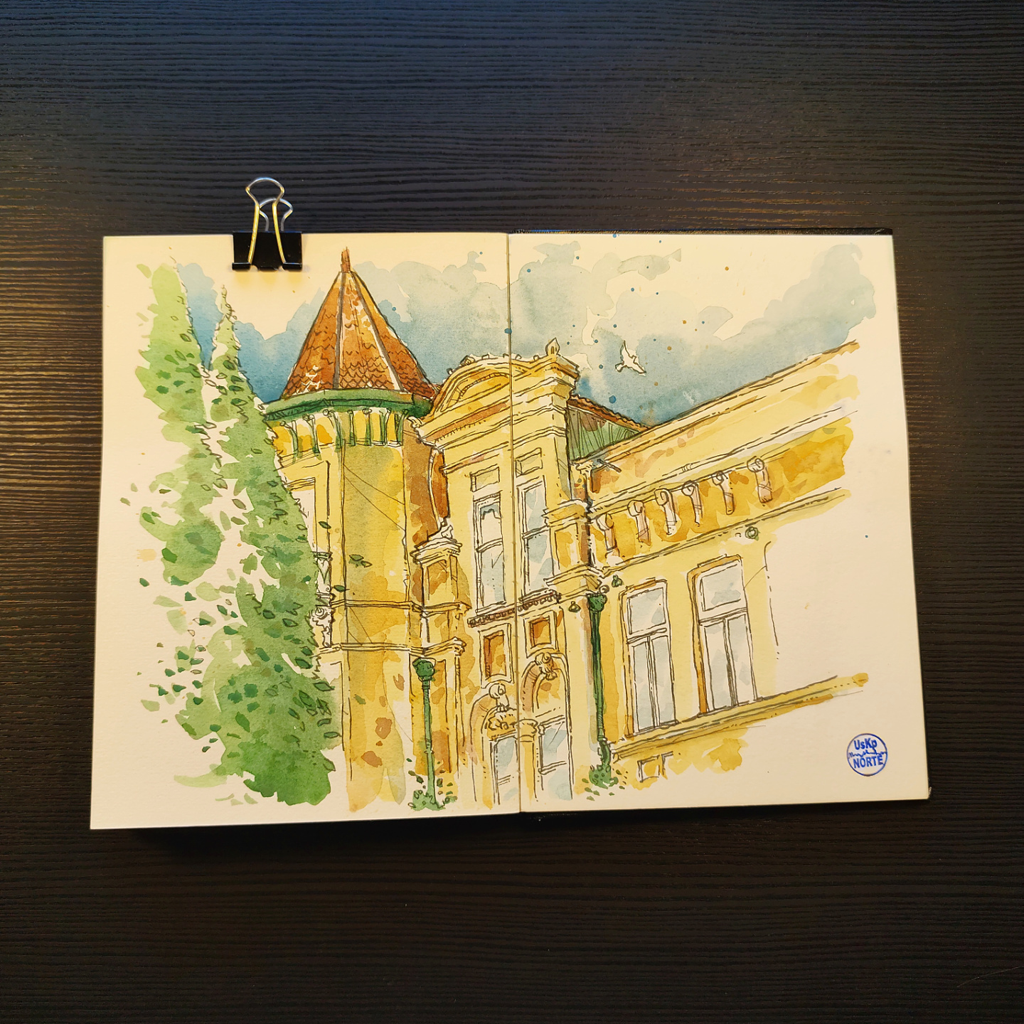 watercolor of Palacete Brandão, with its pointed tower and French style facade, in Oliveira de Azeméis