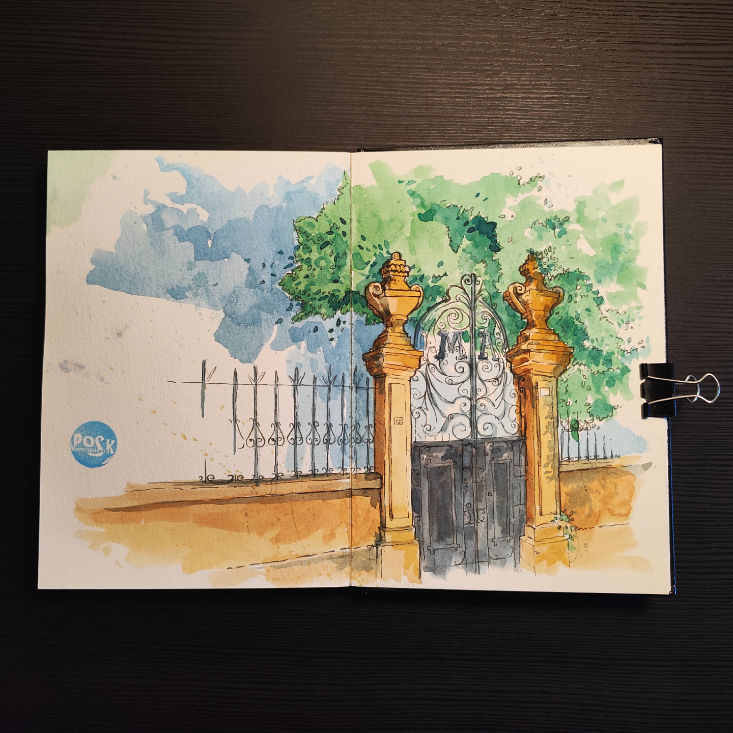 watercolor illustration of a wrought iron mansion gate on Rua Dom João IV, Porto