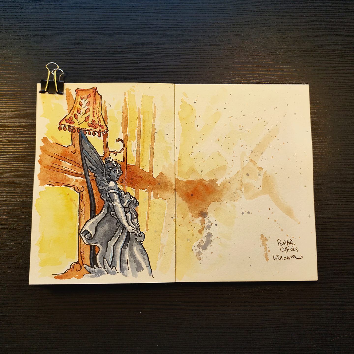 watercolor of an ornate lamp at Pavilhão Chinês, in Lisbon