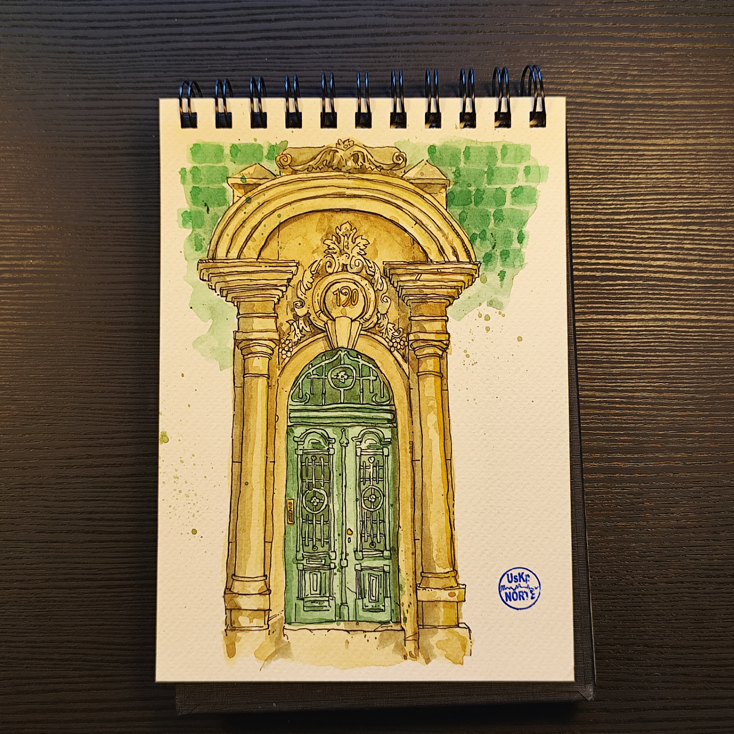Watercolor of the Door on Rua de 31 de Janeiro, an ornamented facade in Porto