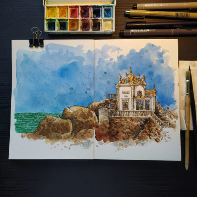 Ilustração em aquarela da Capela do Senhor da Pedra, em Gaia, Portugal.