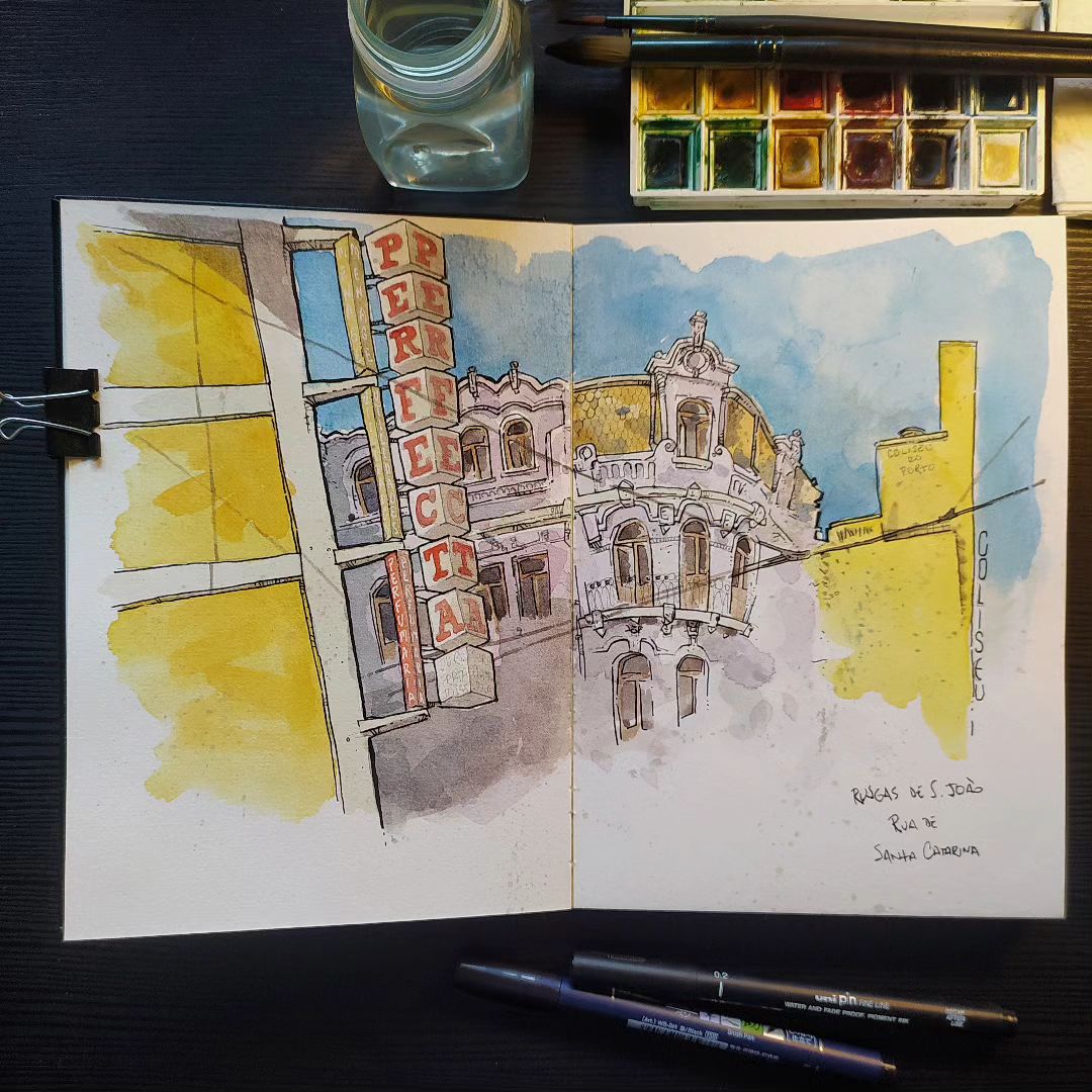 Ilustração em aquarela da esquina da rua de santa catarina no Porto - Portugal